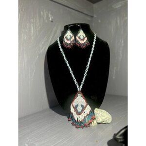 A39 Vtg Navajo Style Handmade Multicolor Glass Thunderbird Necklace and Earrings